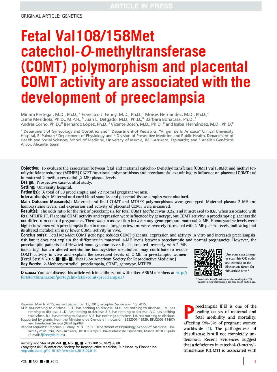 Fetal Val108/158Met catechol-O-methyltransferase (COMT) polymorphism and placental COMT activity are associated with the development of preeclampsia