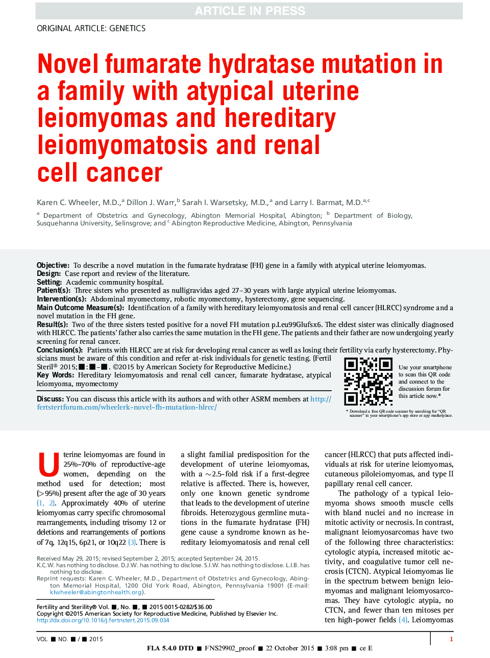 جهش نوترال فومارات هیدراتاز در یک خانواده با لیومیوم های آتتیپی رحمی و لیومیوماتوز ارثی و سرطان سلول های کلیه 