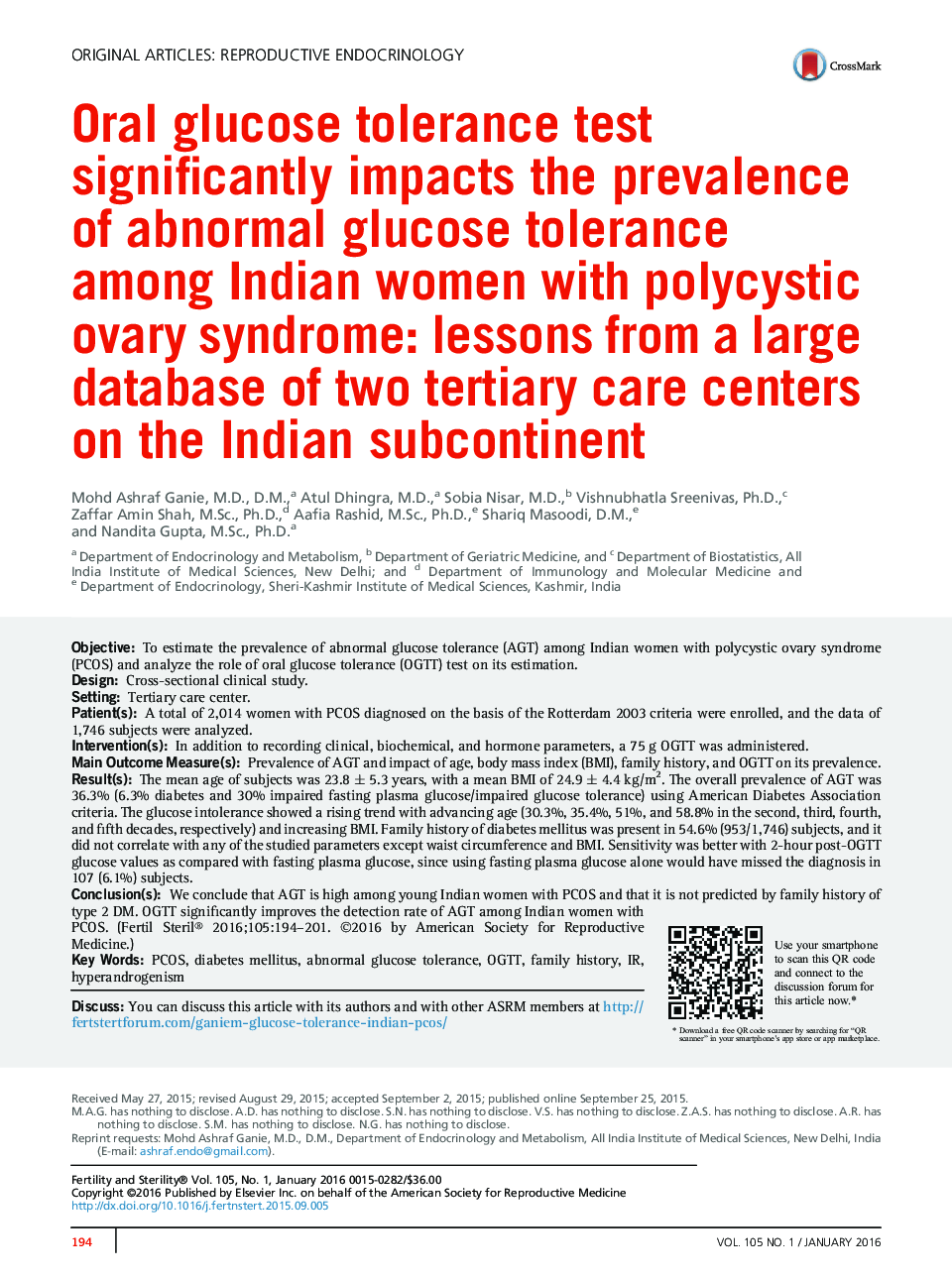 Oral glucose tolerance test significantly impacts the prevalence of abnormal glucose tolerance among Indian women with polycystic ovary syndrome: lessons from a large database of two tertiary care centers on the Indian subcontinent