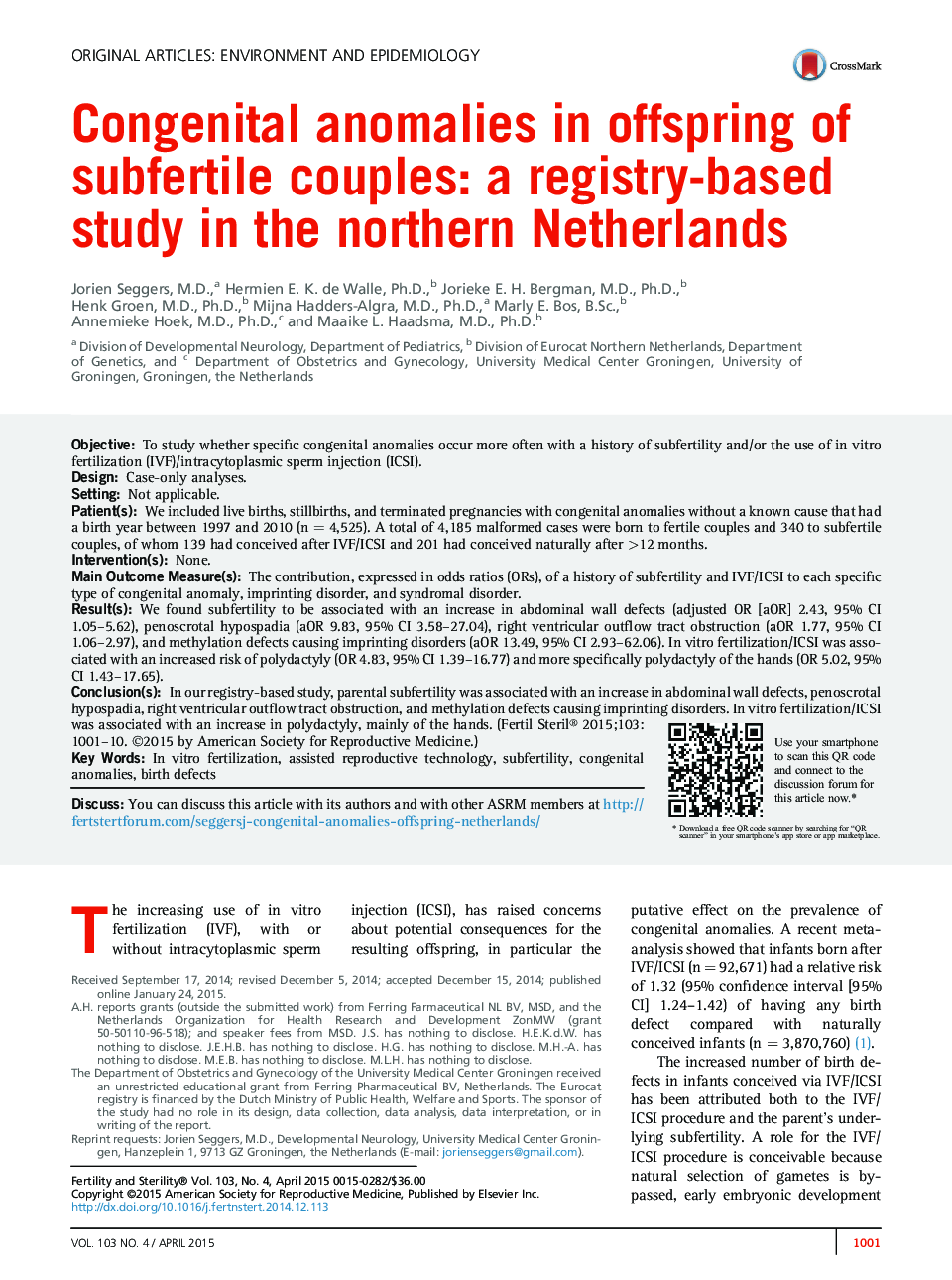 Congenital anomalies in offspring of subfertile couples: a registry-based study in the northern Netherlands