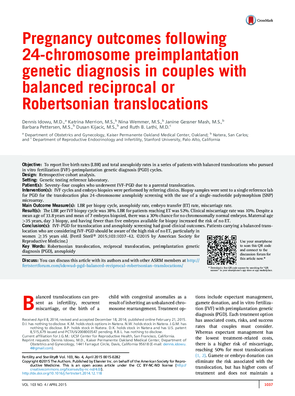 Pregnancy outcomes following 24-chromosome preimplantation genetic diagnosis in couples with balanced reciprocal or Robertsonian translocations