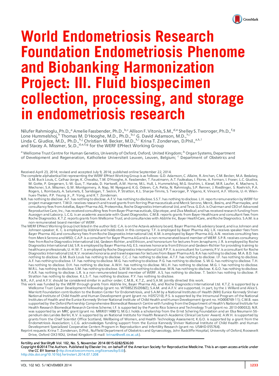 World Endometriosis Research Foundation Endometriosis Phenome and Biobanking Harmonization Project: III. Fluid biospecimen collection, processing, and storage in endometriosis research