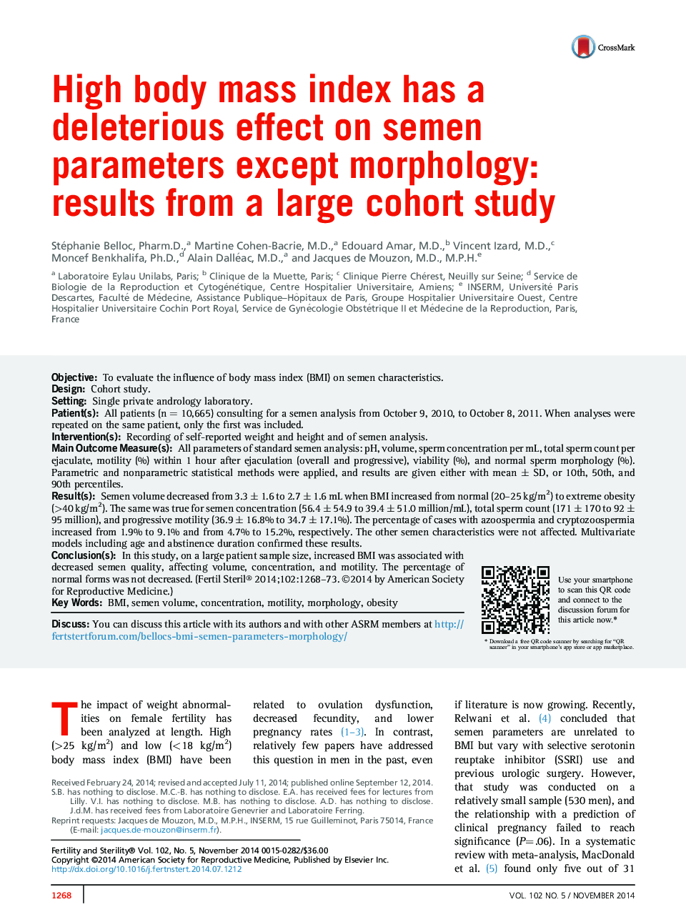 High body mass index has a deleterious effect on semen parameters except morphology: results from a large cohort study