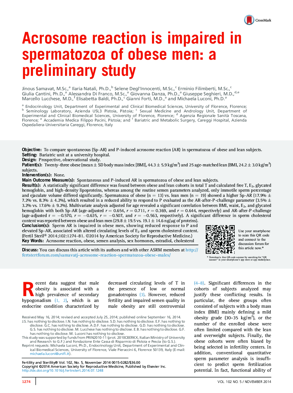 Acrosome reaction is impaired in spermatozoa of obese men: a preliminary study