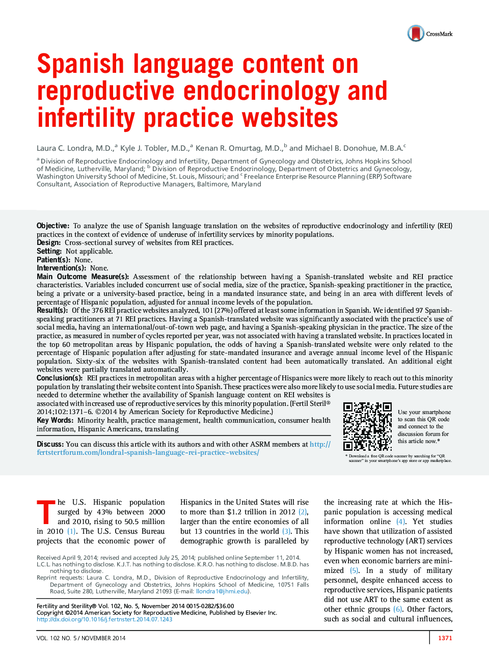 Spanish language content on reproductive endocrinology and infertility practice websites