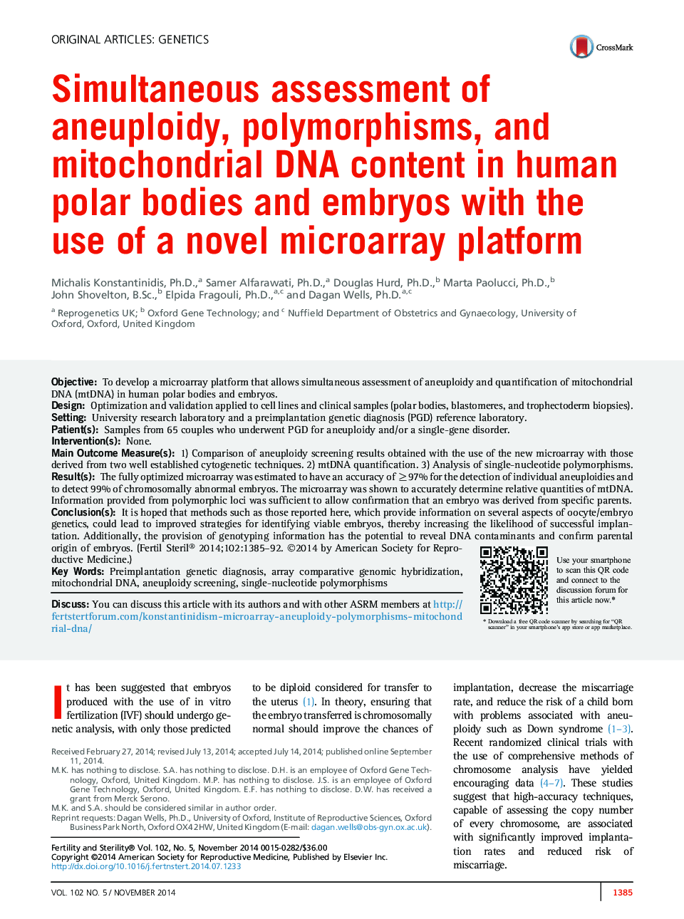 Simultaneous assessment of aneuploidy, polymorphisms, and mitochondrial DNA content in human polar bodies and embryos with the use of a novel microarray platform