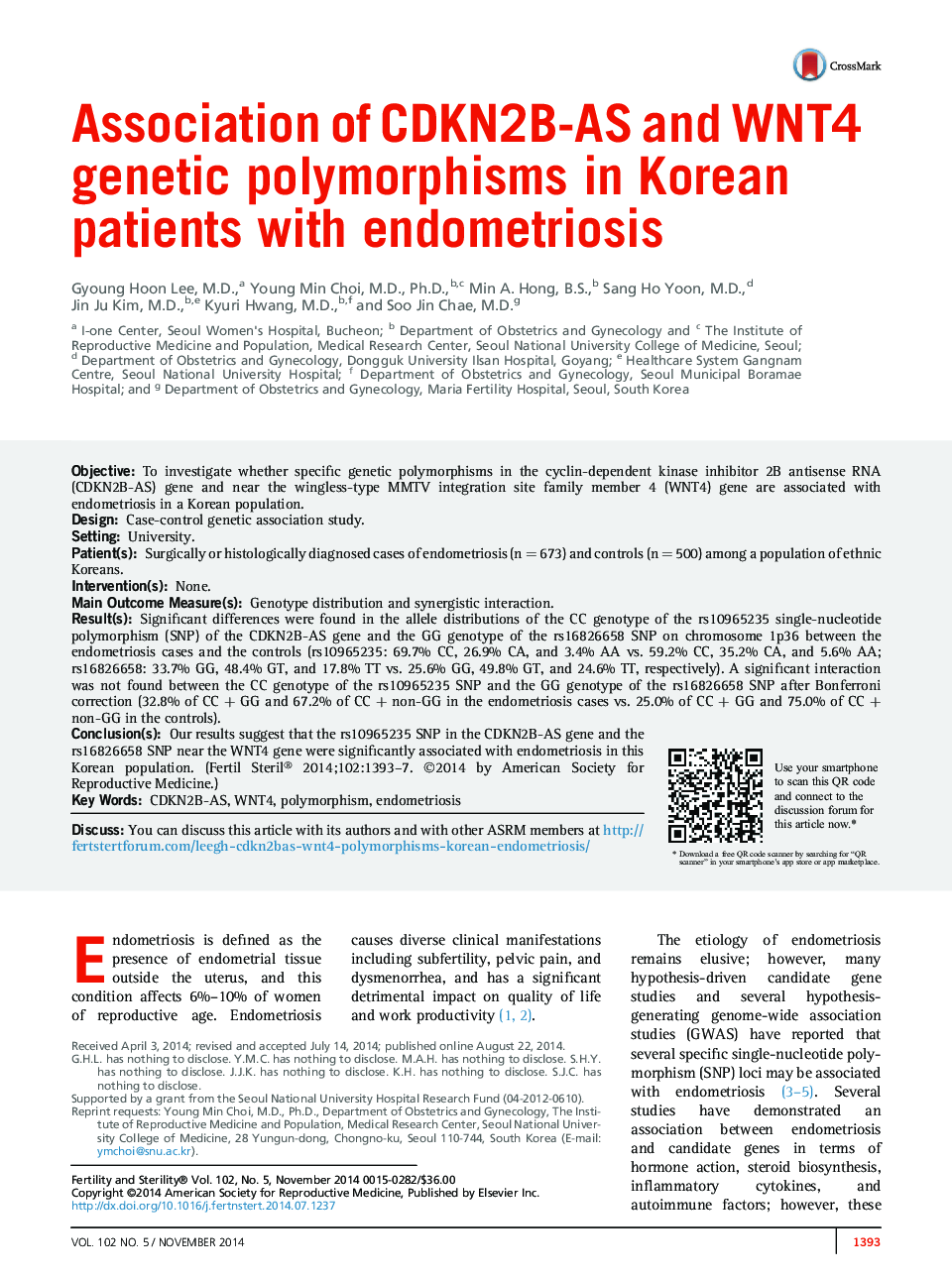 Association of CDKN2B-AS and WNT4 genetic polymorphisms in Korean patients with endometriosis