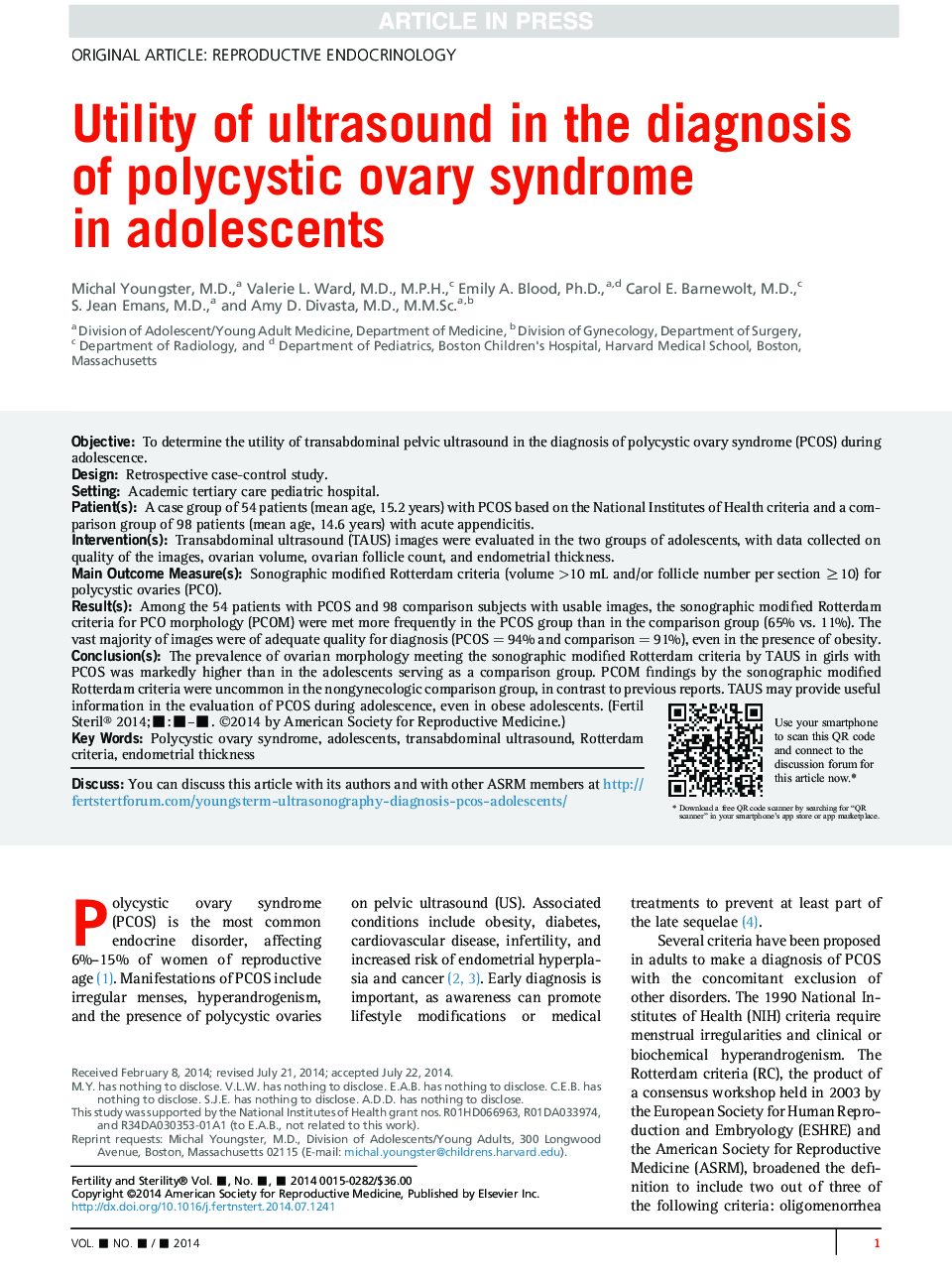 Utility of ultrasound in the diagnosis of polycystic ovary syndrome in adolescents