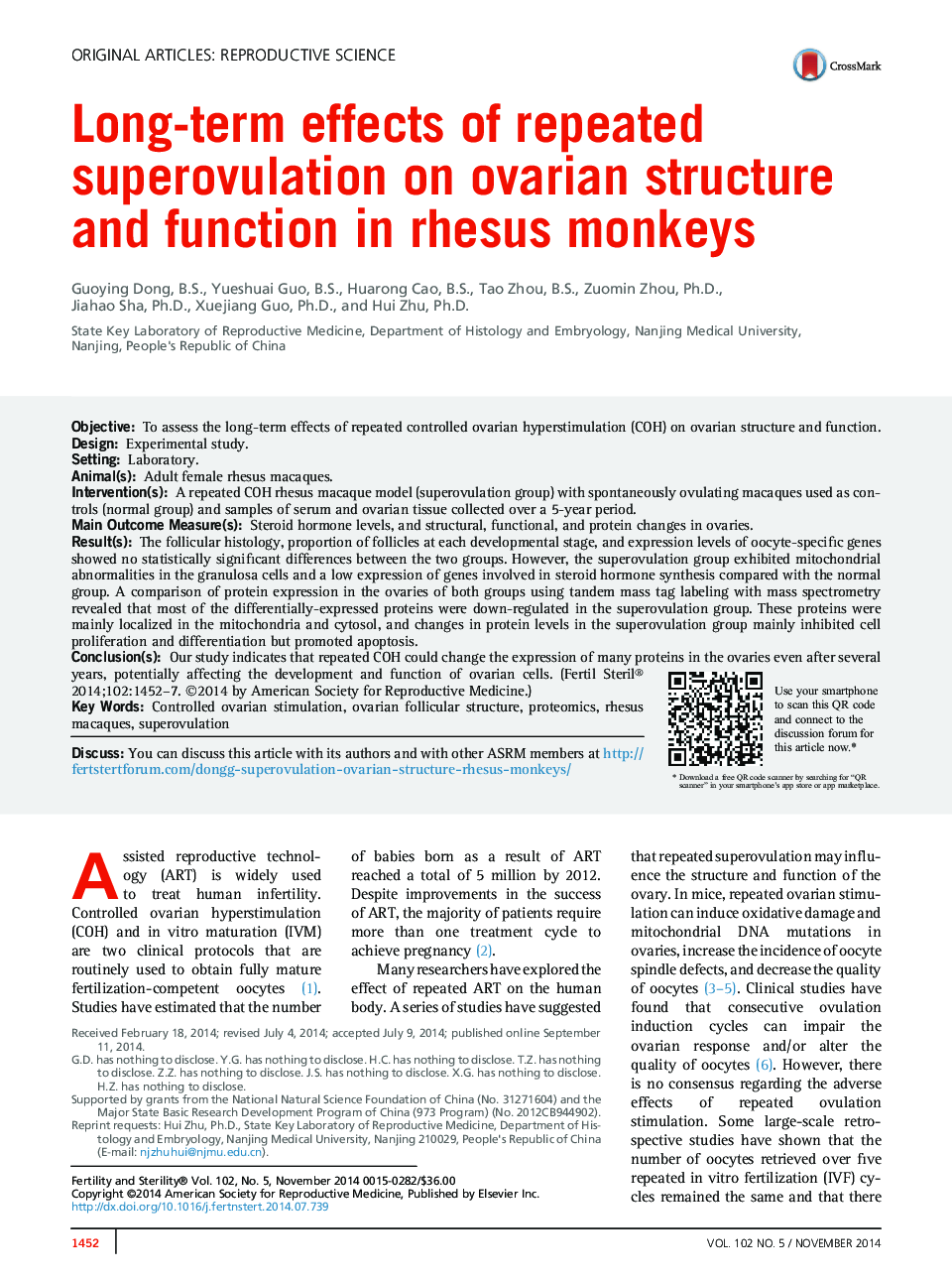 Long-term effects of repeated superovulation on ovarian structure and function in rhesus monkeys