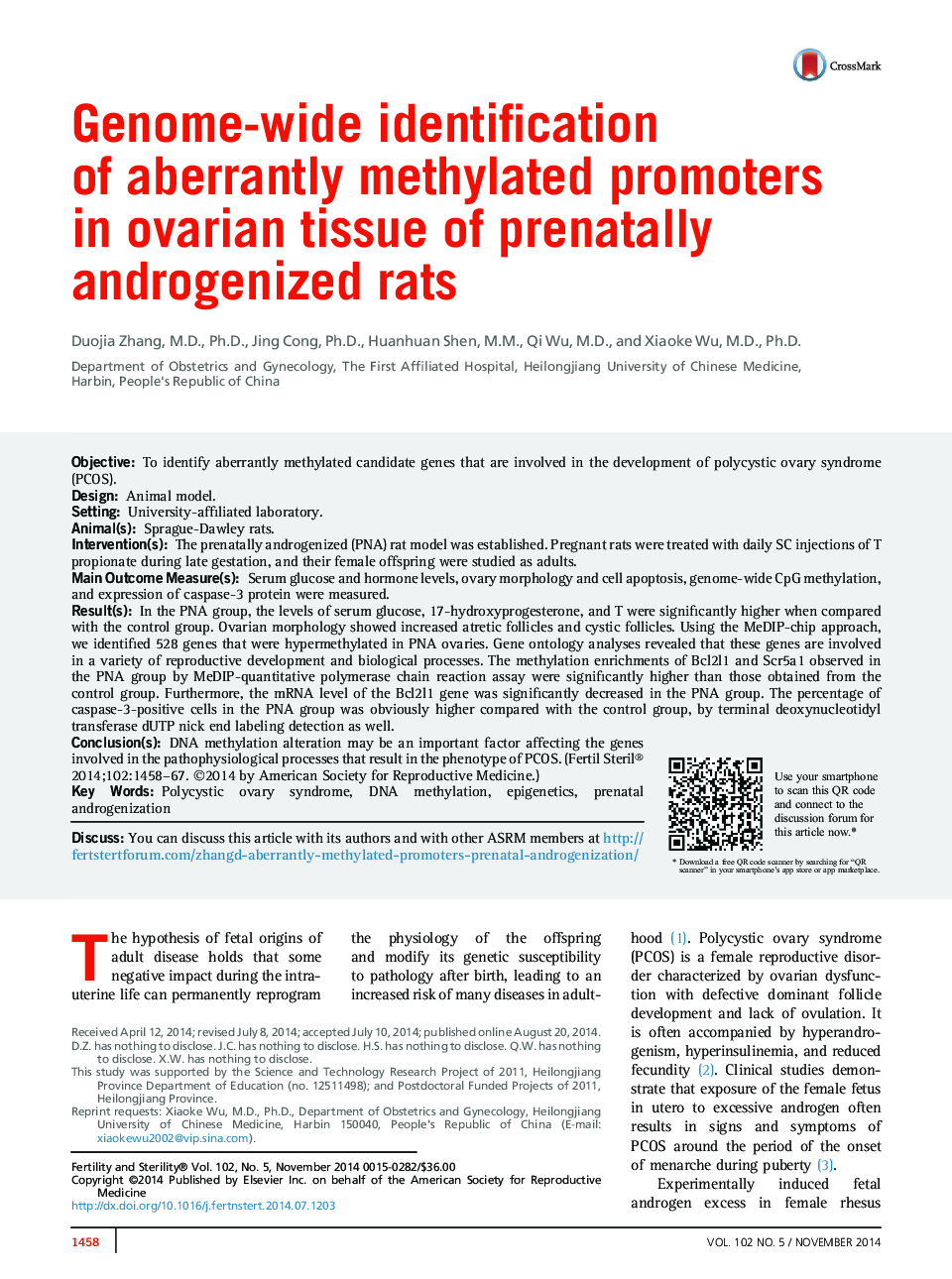 Genome-wide identification ofÂ aberrantly methylated promoters inÂ ovarian tissue of prenatally androgenized rats