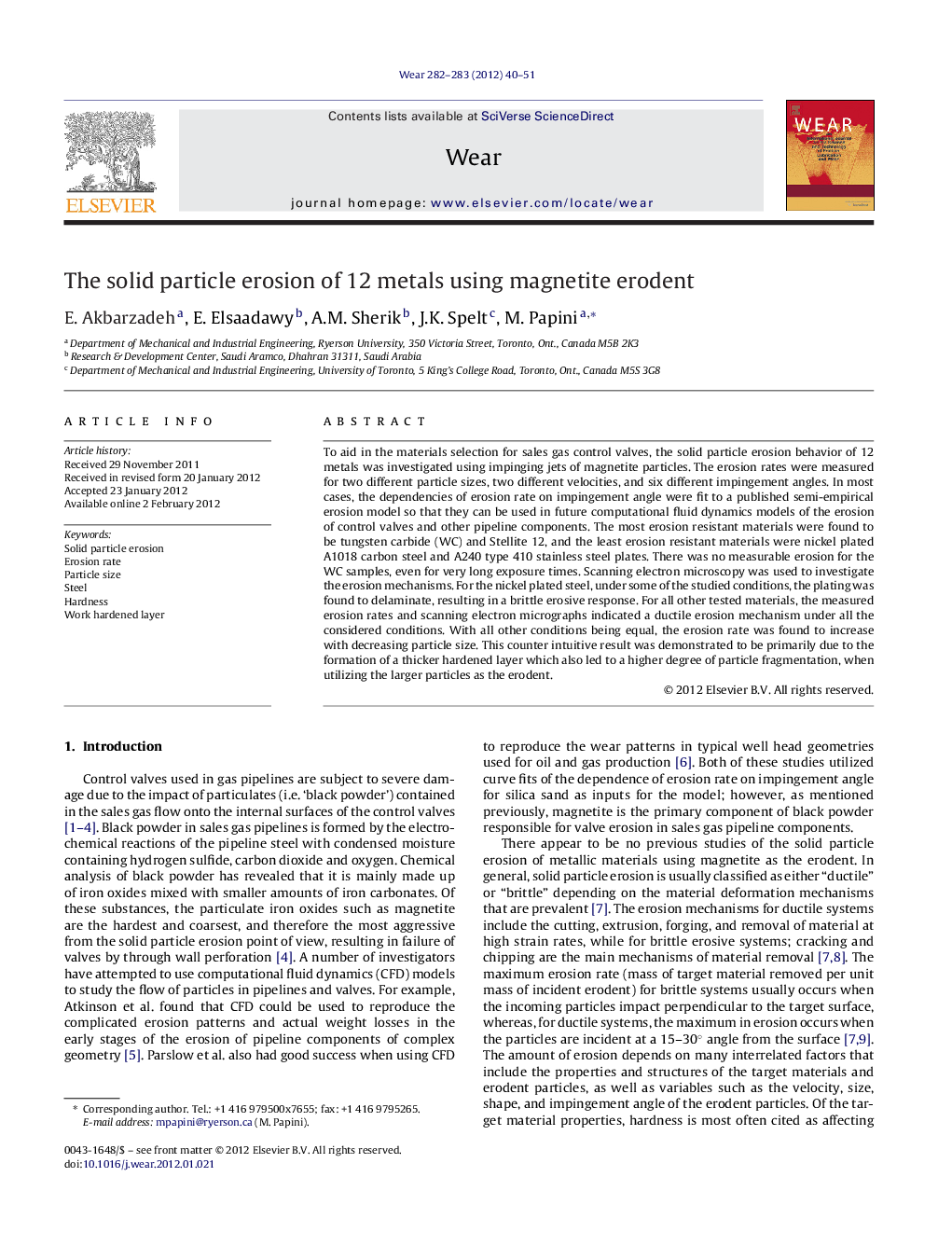 The solid particle erosion of 12 metals using magnetite erodent