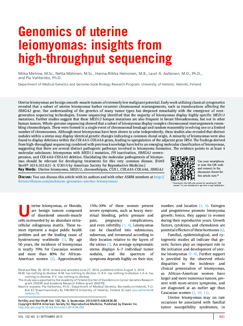 Genomics of uterine leiomyomas:Â insights from high-throughput sequencing