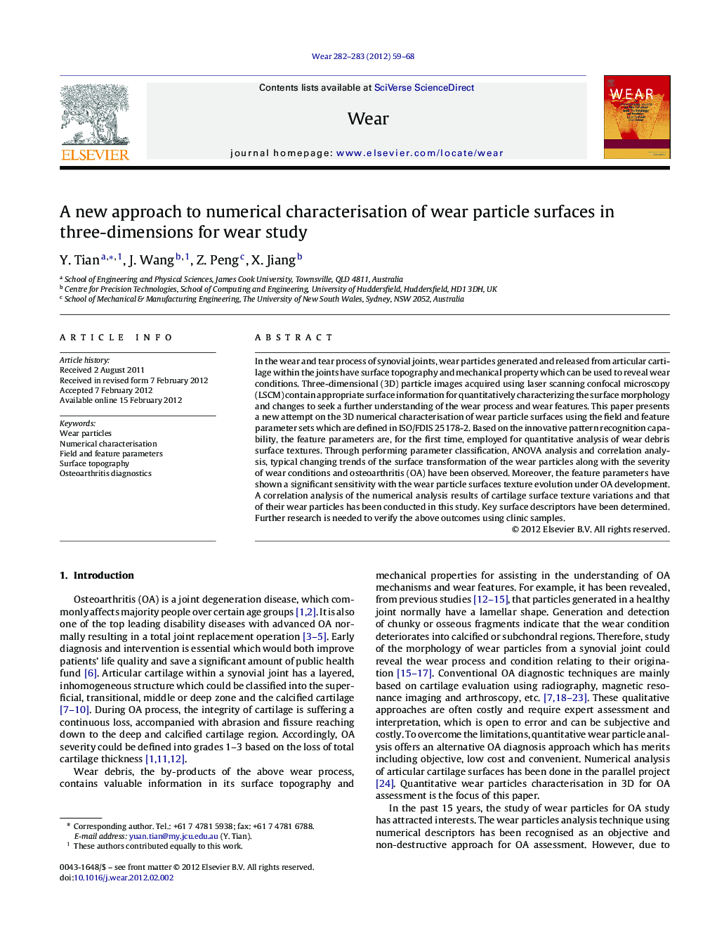 A new approach to numerical characterisation of wear particle surfaces in three-dimensions for wear study