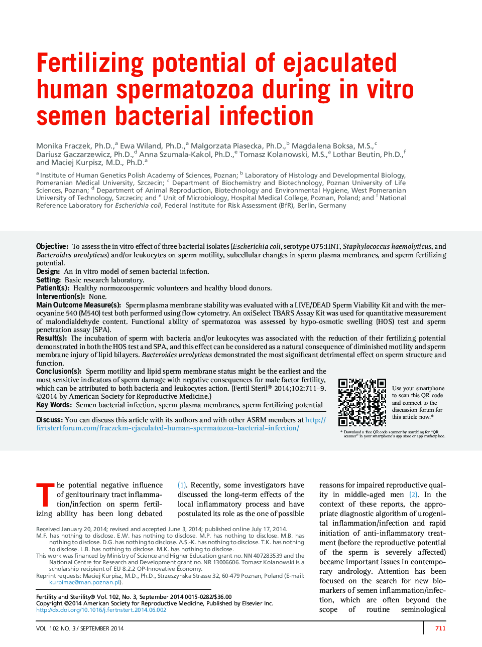 Fertilizing potential of ejaculated human spermatozoa during inÂ vitro semen bacterial infection