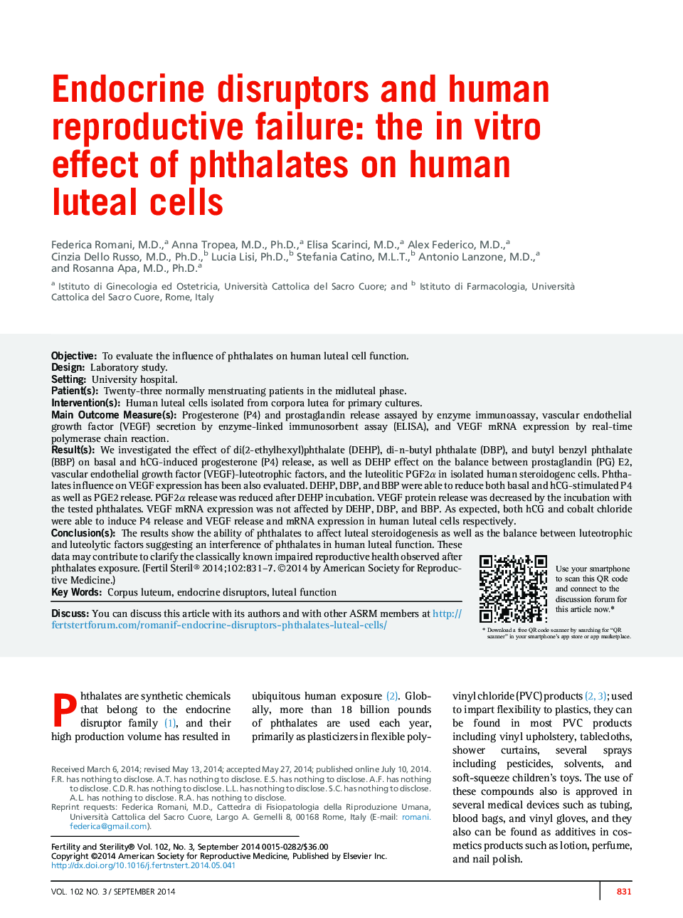 Endocrine disruptors and human reproductive failure: the inÂ vitro effect of phthalates on human luteal cells