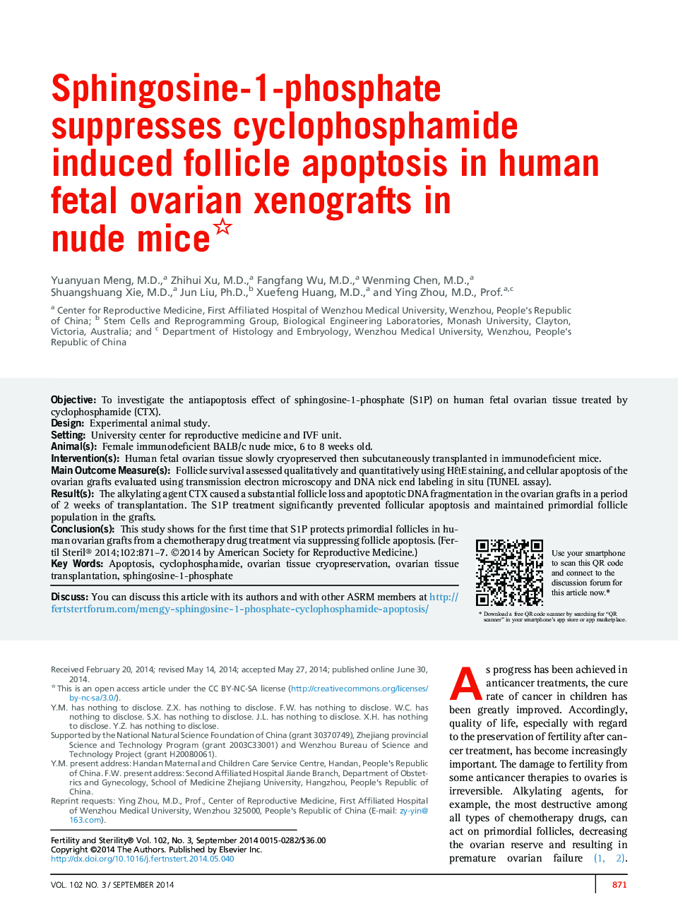 Sphingosine-1-phosphate suppresses cyclophosphamide induced follicle apoptosis in human fetal ovarian xenografts in nude mice