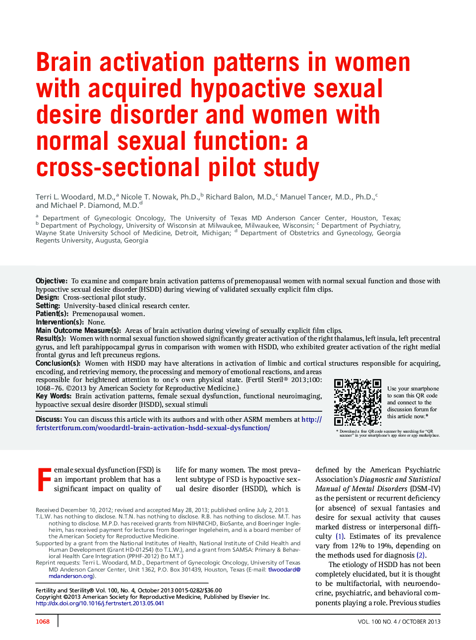 Brain activation patterns in women with acquired hypoactive sexual desire disorder and women with normal sexual function: a cross-sectional pilot study