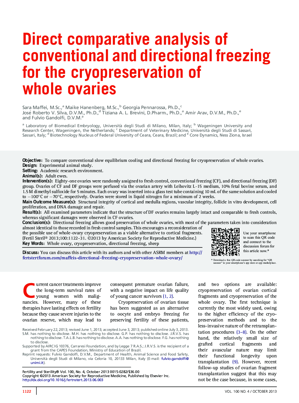 Direct comparative analysis of conventional and directional freezing for the cryopreservation of whole ovaries