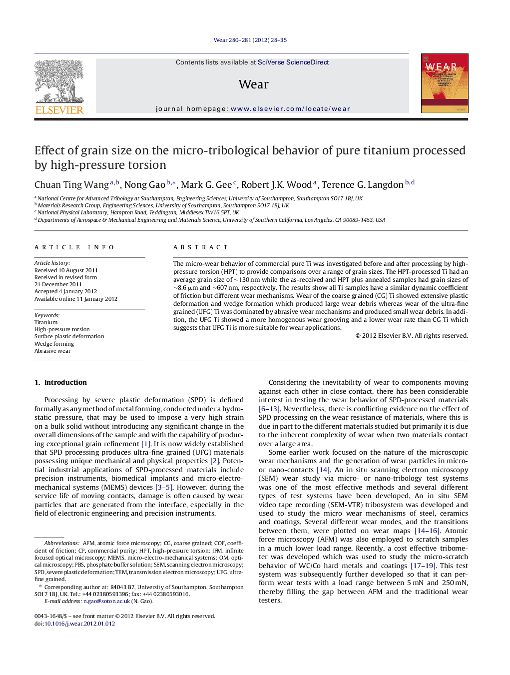 Effect of grain size on the micro-tribological behavior of pure titanium processed by high-pressure torsion