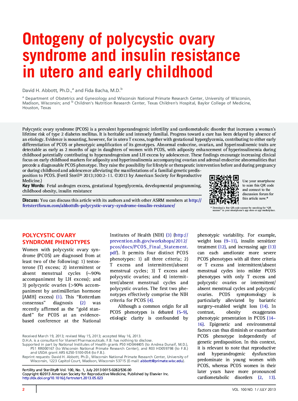 Ontogeny of polycystic ovary syndrome and insulin resistance in utero and early childhood