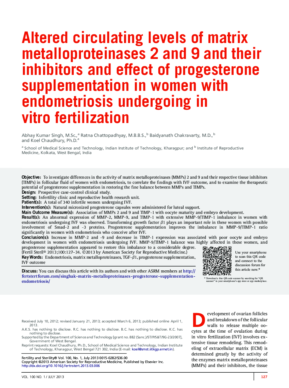 Altered circulating levels of matrix metalloproteinases 2 and 9 and their inhibitors and effect of progesterone supplementation in women with endometriosis undergoing in vitro fertilization