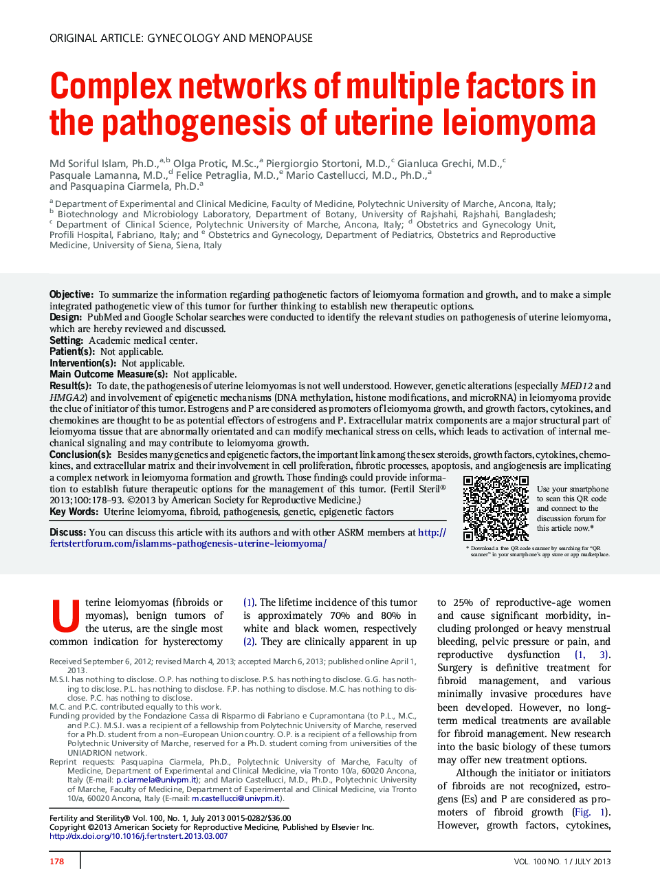 Complex networks of multiple factors in the pathogenesis of uterine leiomyoma