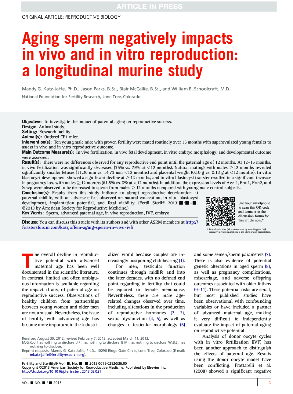 Aging sperm negatively impacts inÂ vivo and inÂ vitro reproduction: a longitudinal murine study