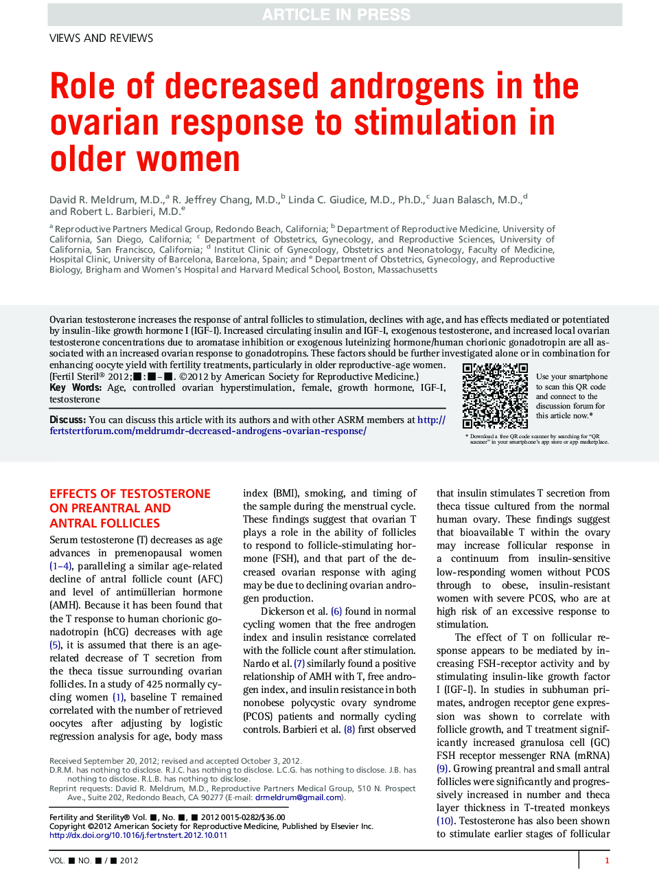 Role of decreased androgens in the ovarian response to stimulation in older women