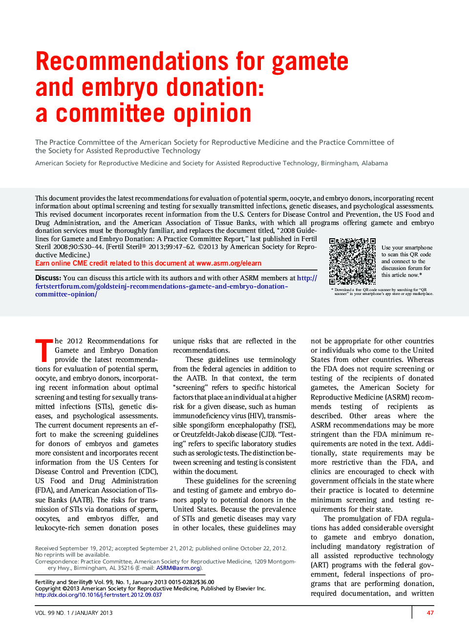 Recommendations for gamete andÂ embryo donation: a committee opinion