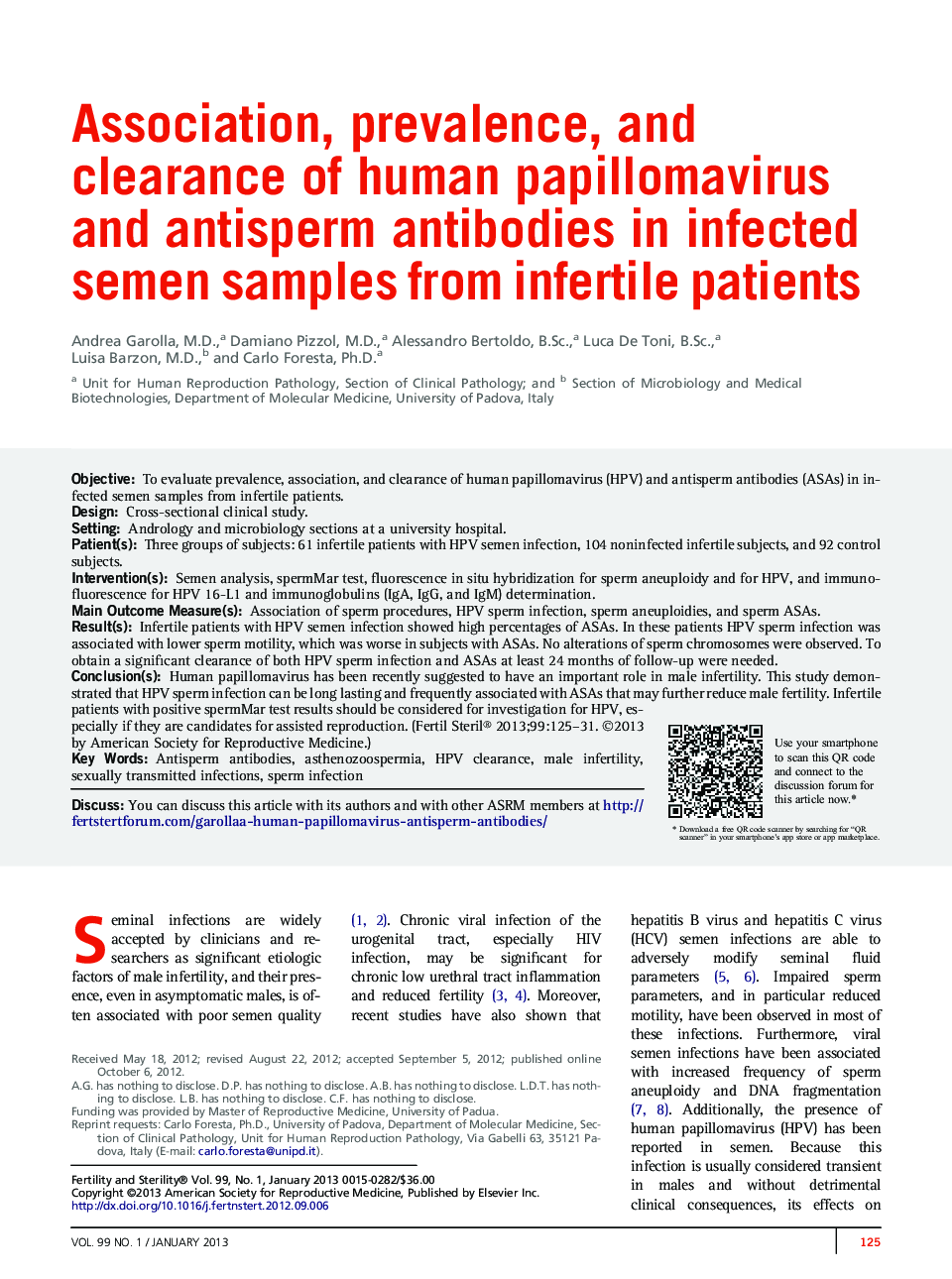 Association, prevalence, and clearance of human papillomavirus and antisperm antibodies in infected semen samples from infertile patients