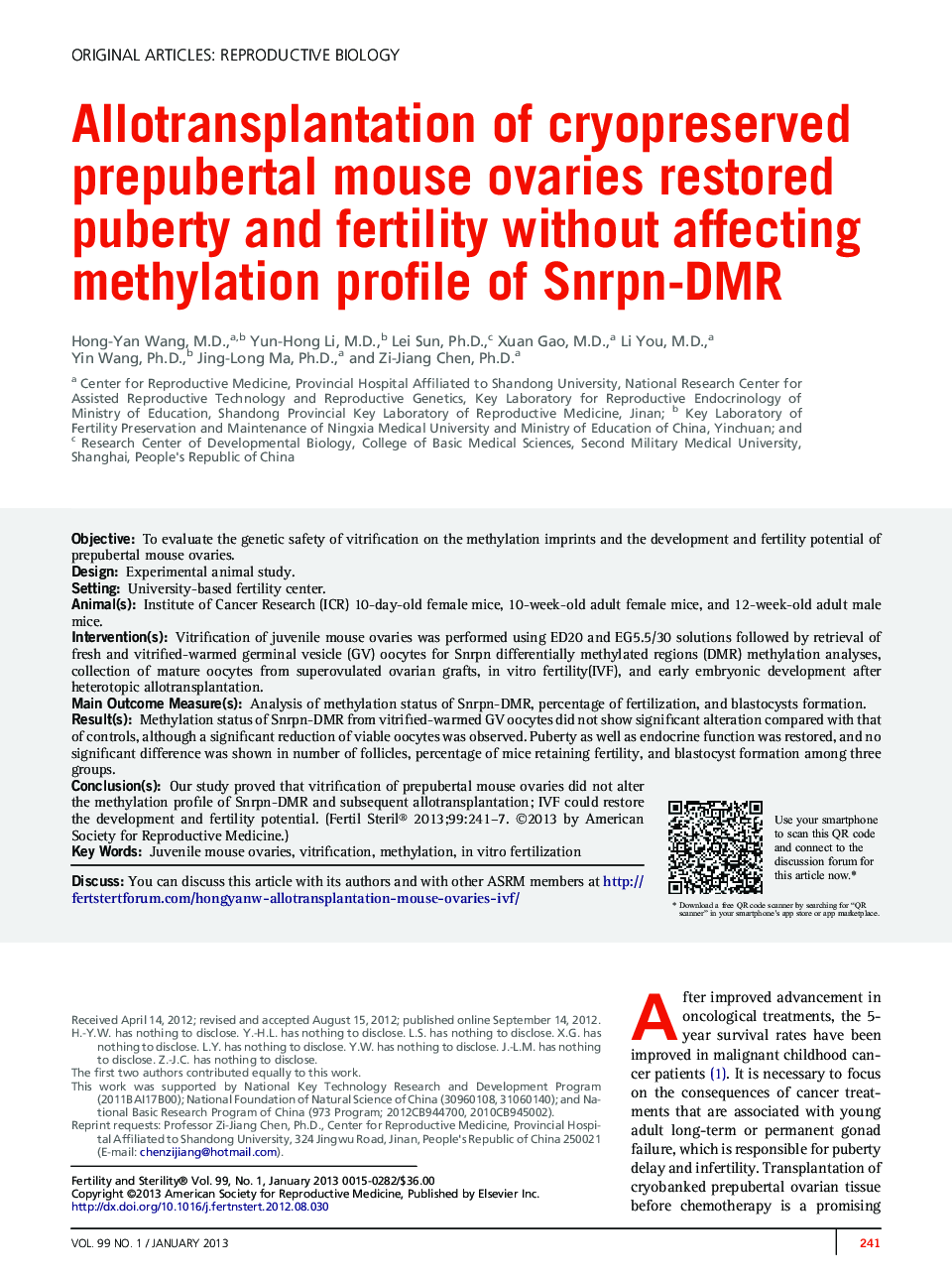 Allotransplantation of cryopreserved prepubertal mouse ovaries restored puberty and fertility without affecting methylation profile of Snrpn-DMR