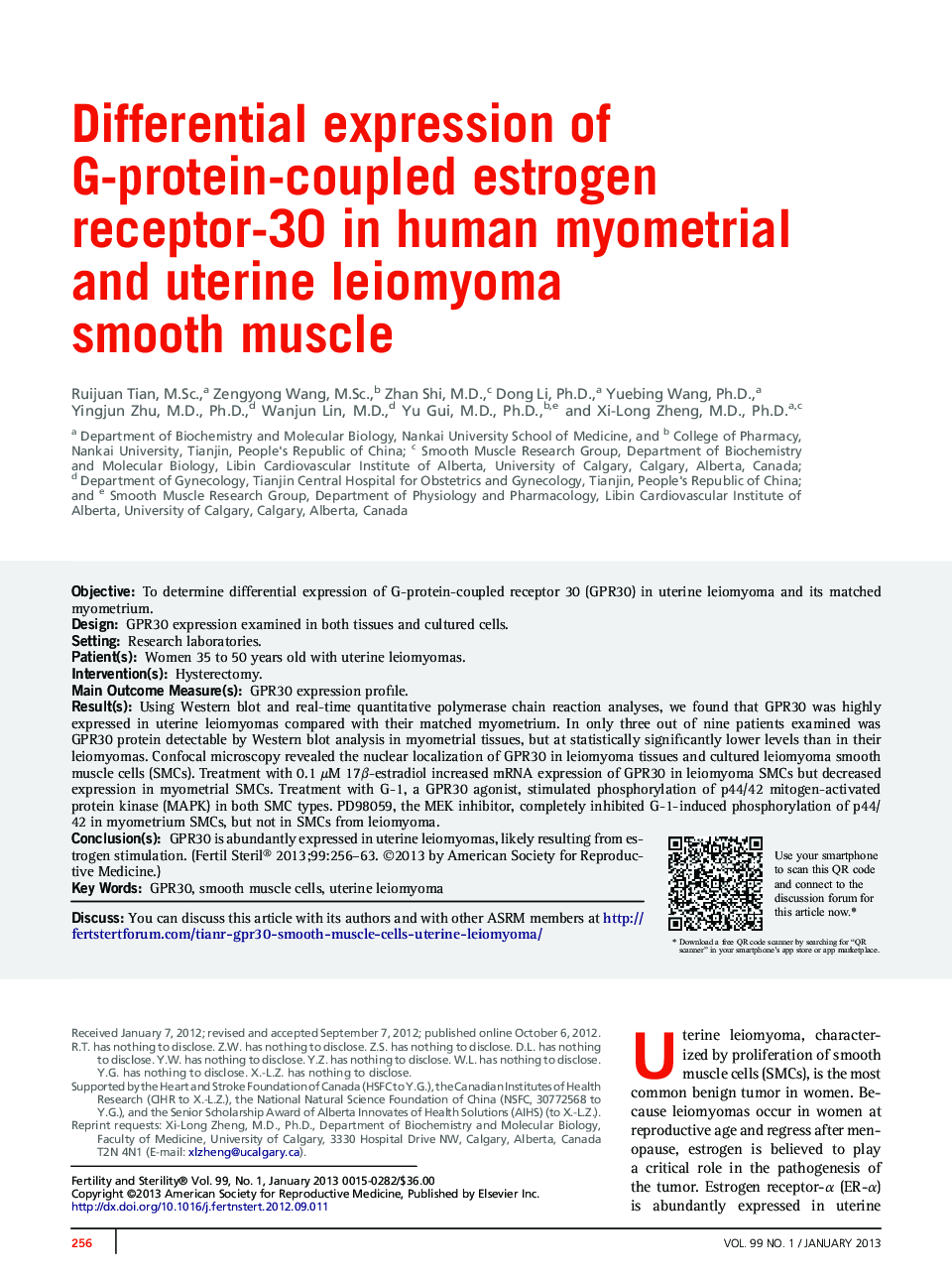 Differential expression of G-protein-coupled estrogen receptor-30 in human myometrial and uterine leiomyoma smooth muscle