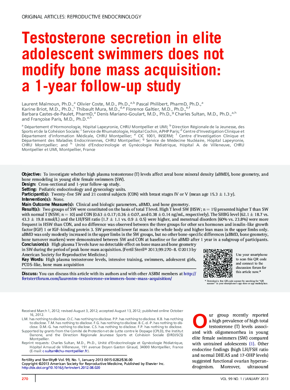 Testosterone secretion in elite adolescent swimmers does not modify bone mass acquisition: a 1-year follow-up study