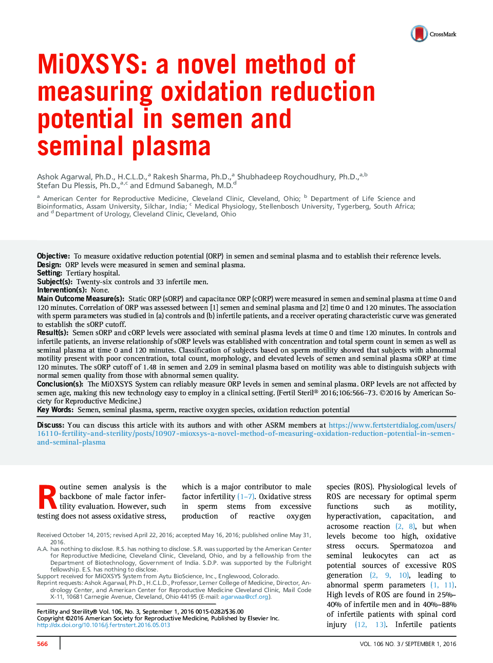 MiOXSYS: a novel method of measuring oxidation reduction potential in semen and seminal plasma