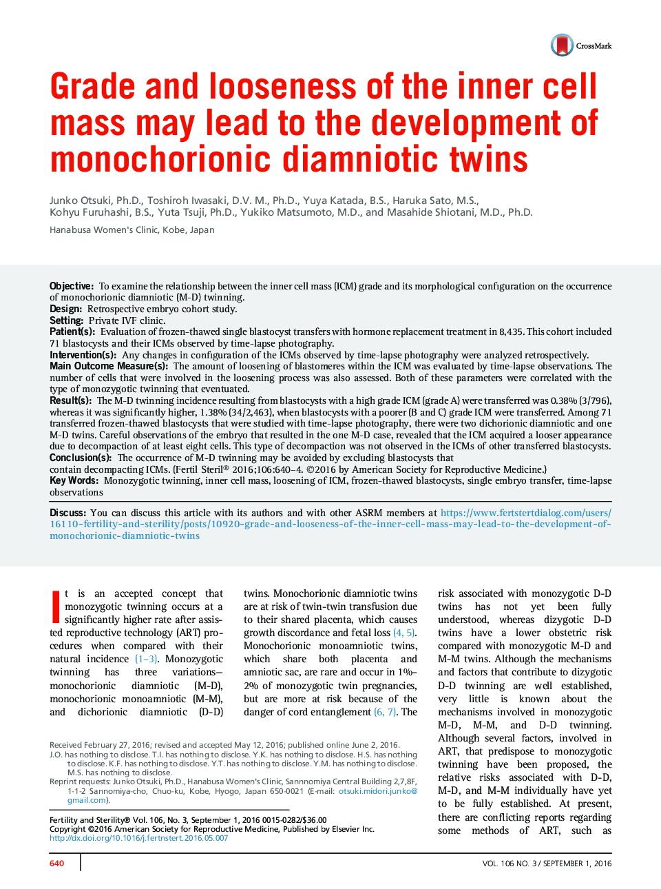 Grade and looseness of the inner cell mass may lead to the development of monochorionic diamniotic twins