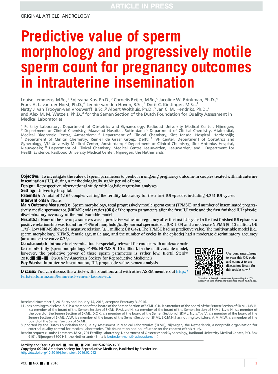 ارزش پیش بینی کننده مورفولوژی اسپرم و شمارش اسپرم به طور پیوسته حرکتی برای نتایج حاملگی در تلقیح داخل رحمی 