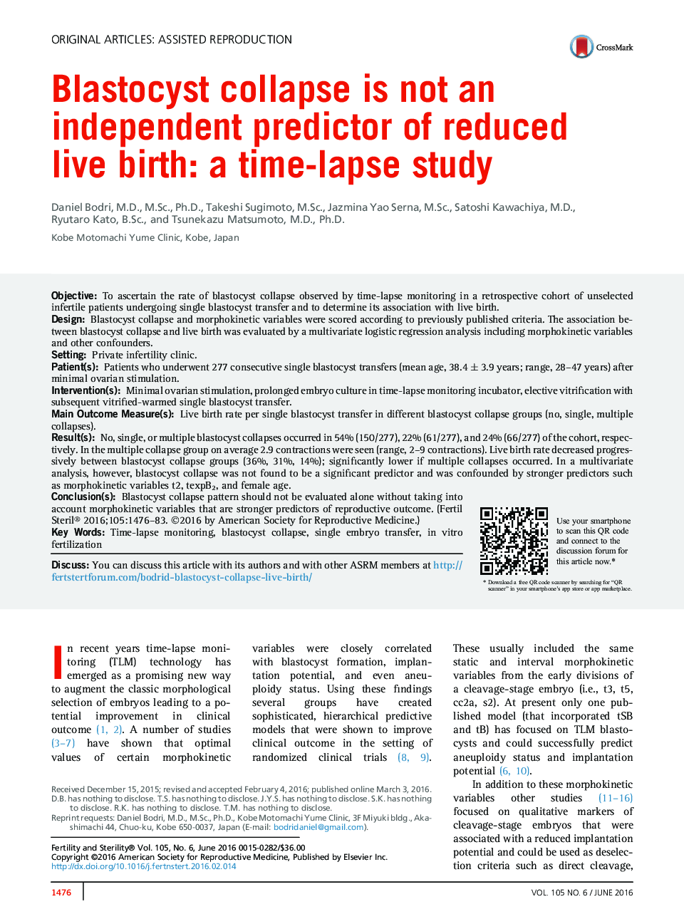 Blastocyst collapse is not an independent predictor of reduced live birth: a time-lapse study