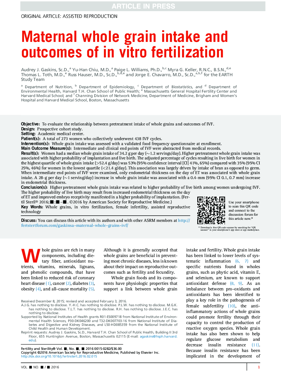 Maternal whole grain intake and outcomes of inÂ vitro fertilization