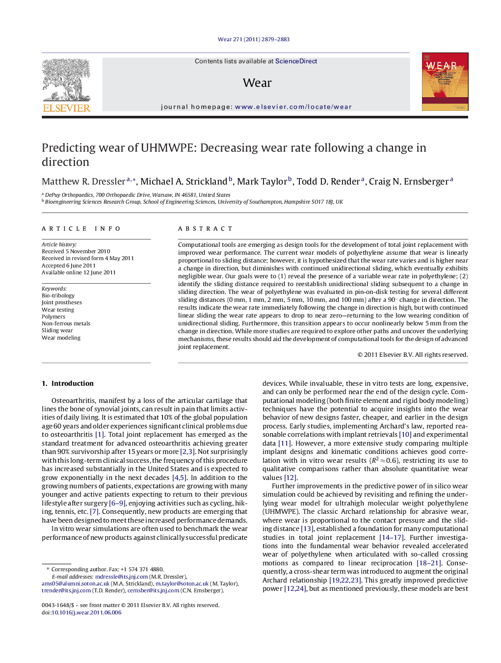 Predicting wear of UHMWPE: Decreasing wear rate following a change in direction