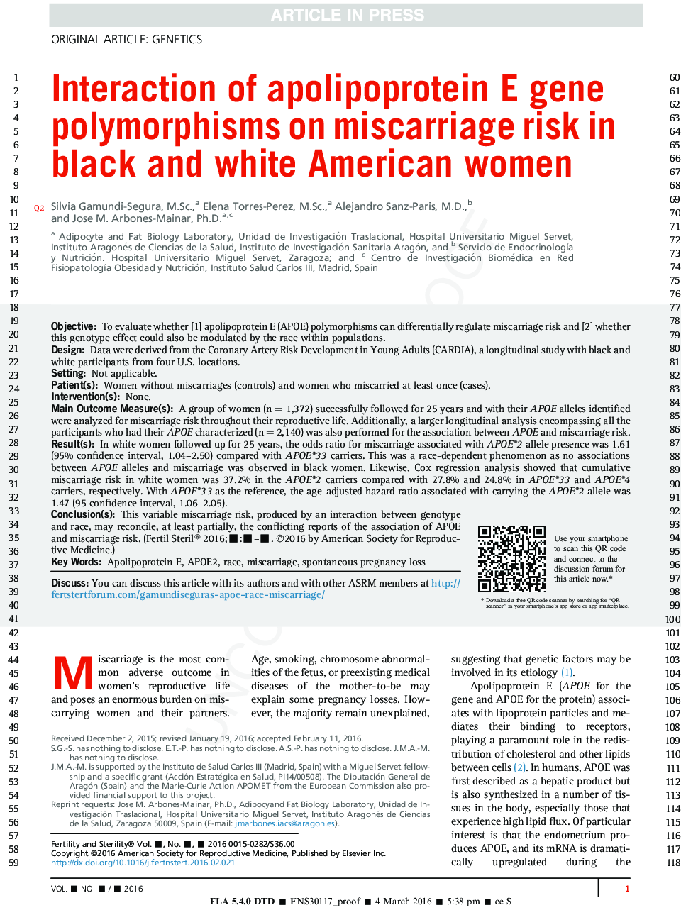 Interaction of apolipoprotein E gene polymorphisms on miscarriage risk in black and white American women