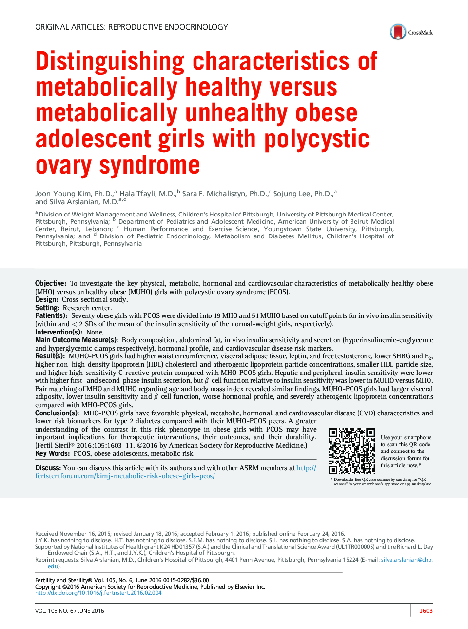 Distinguishing characteristics of metabolically healthy versus metabolically unhealthy obese adolescent girls with polycystic ovary syndrome