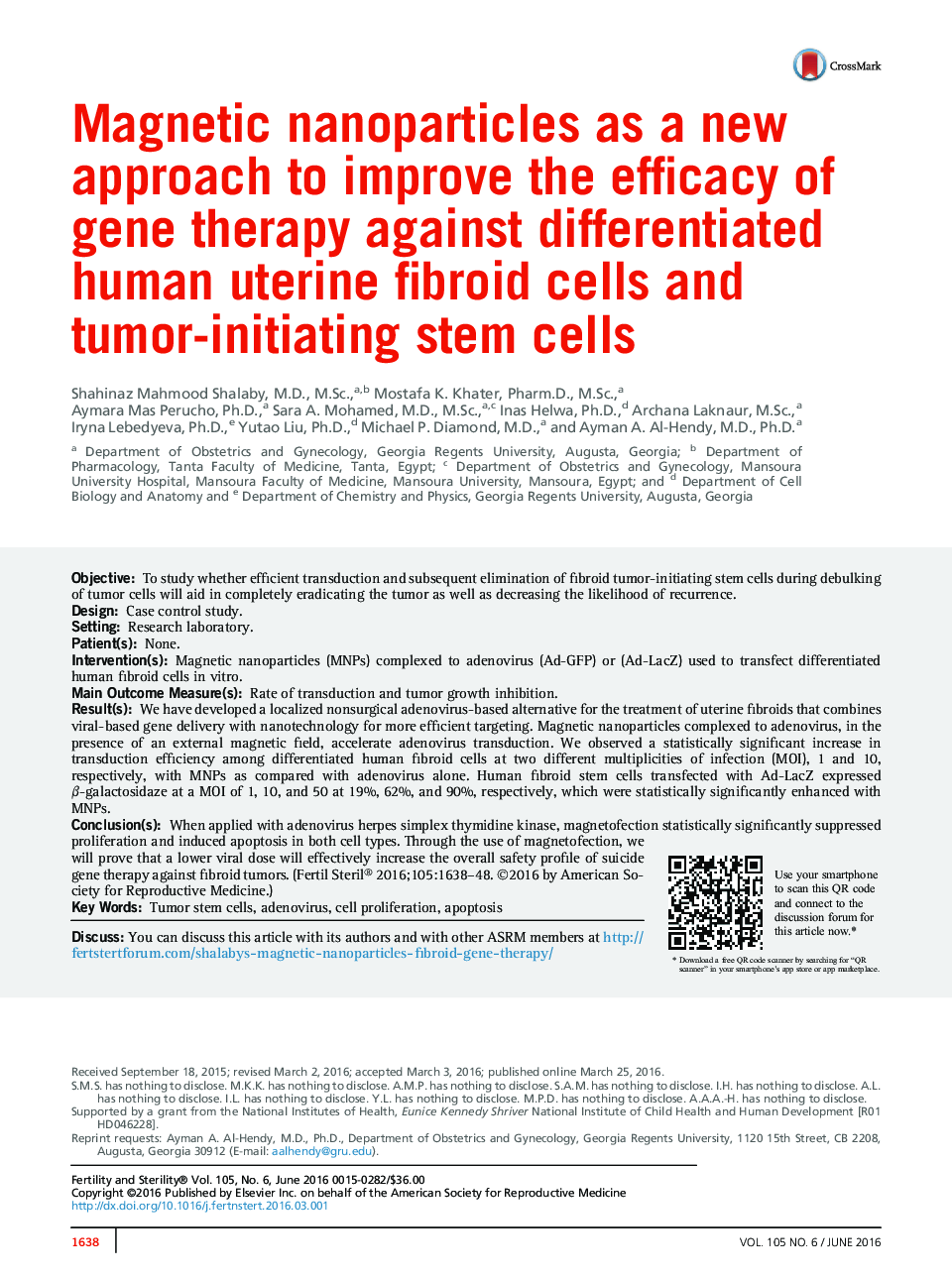 Magnetic nanoparticles as a new approach to improve the efficacy of gene therapy against differentiated human uterine fibroid cells and tumor-initiating stem cells