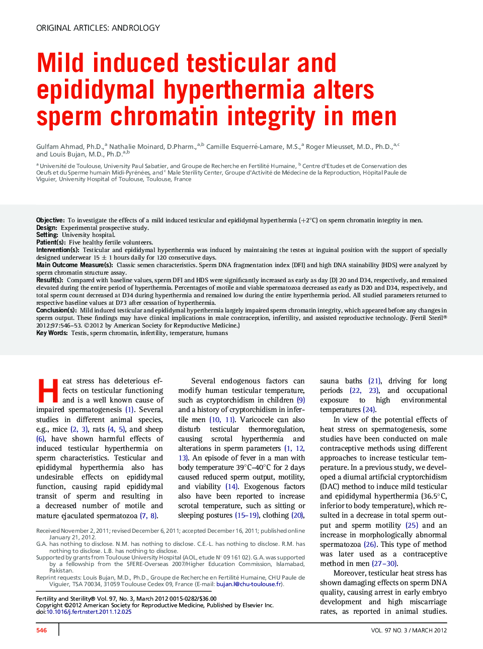 Mild induced testicular and epididymal hyperthermia alters sperm chromatin integrity in men