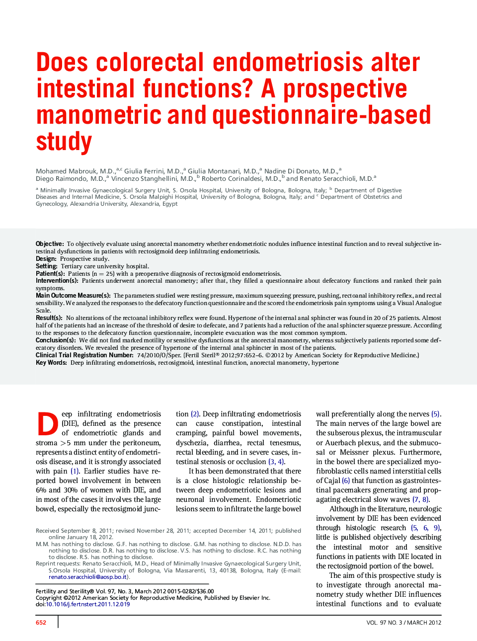 Does colorectal endometriosis alter intestinal functions? A prospective manometric and questionnaire-based study