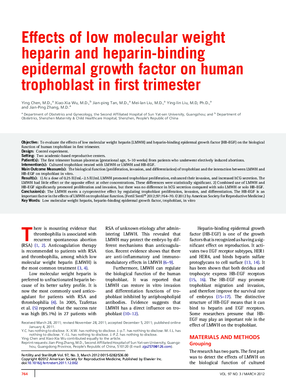 Effects of low molecular weight heparin and heparin-binding epidermal growth factor on human trophoblast in first trimester