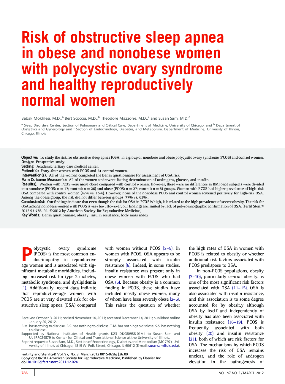 Risk of obstructive sleep apnea in obese and nonobese women with polycystic ovary syndrome and healthy reproductively normal women