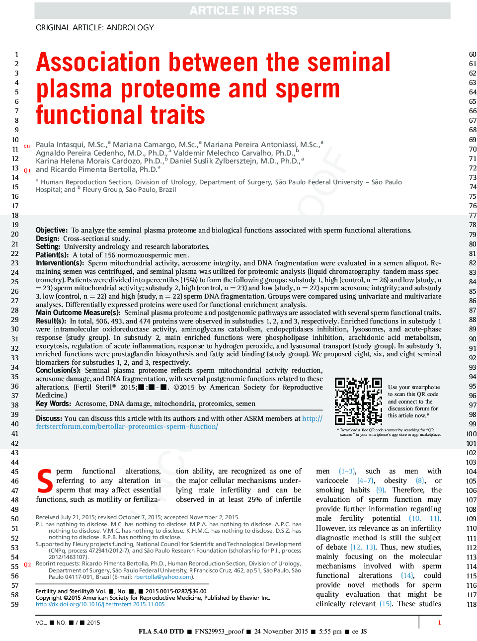 پیوند بین پروتئین پلاسمای هسته ای و صفات عملکرد اسپرم 