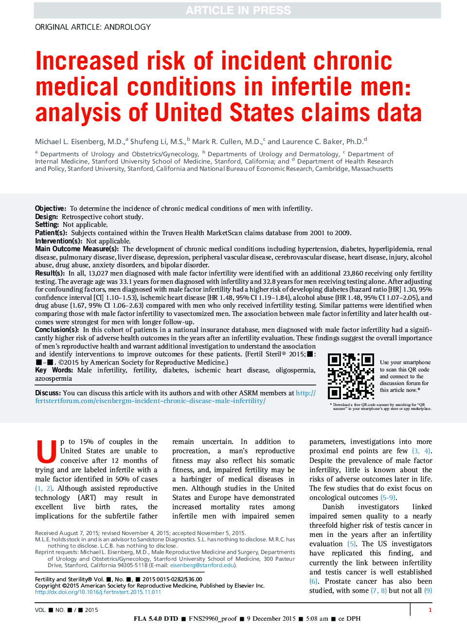 افزایش خطر ابتلا به بیماری های مزمن در مردان نابارور: تجزیه و تحلیل داده های ادعایی ایالات متحده 