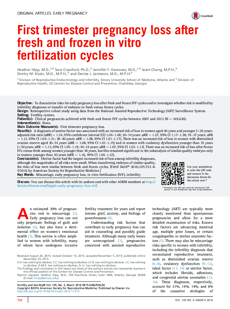 First trimester pregnancy loss after fresh and frozen inÂ vitro fertilization cycles