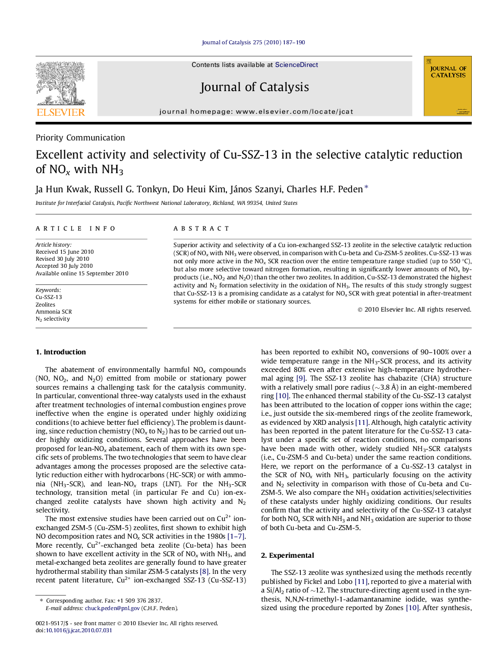 Excellent activity and selectivity of Cu-SSZ-13 in the selective catalytic reduction of NOx with NH3